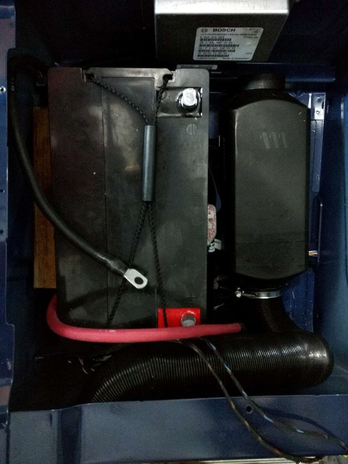 Espar D2 heater installed in the passenger seat next to one of our auxiliary batteries.
